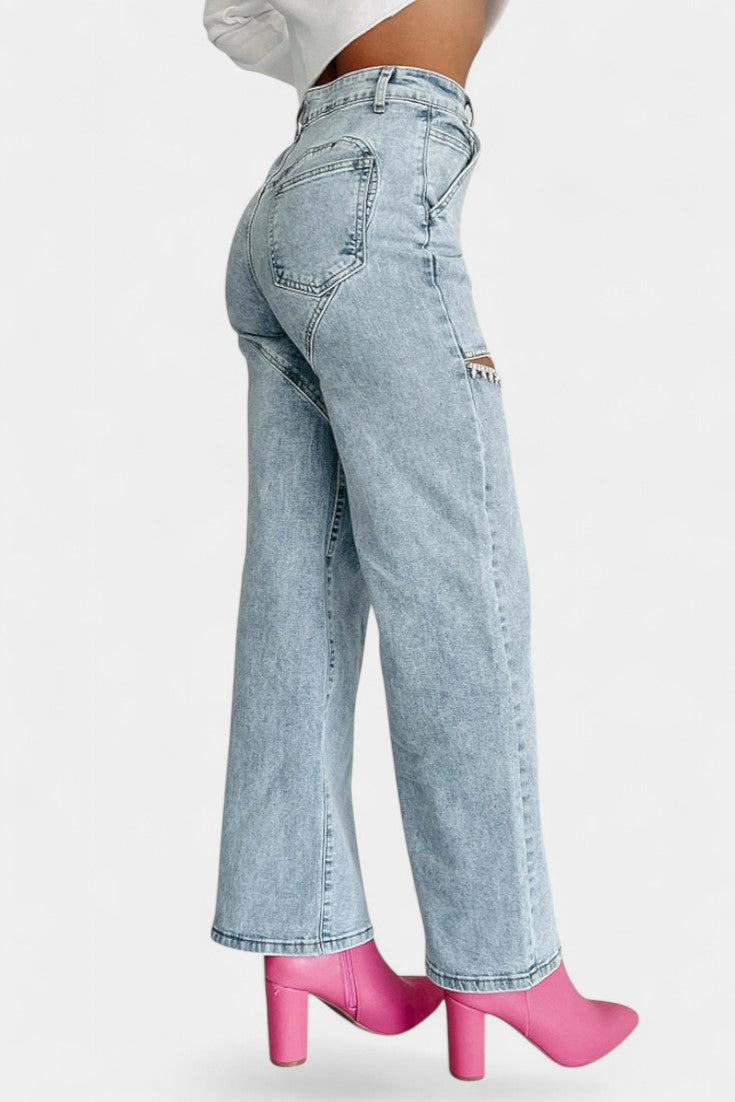 Evian Jeans Ripped Straight-Leg con Rhinestones