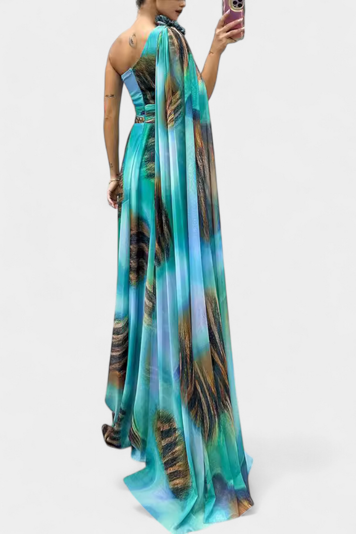 Cedara Vestido Largo de Un Hombro con Detalle Floral