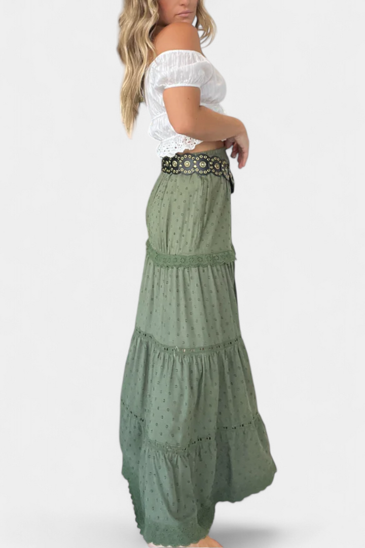 Dola Falda Maxi Boho con Encaje y Abertura Frontal