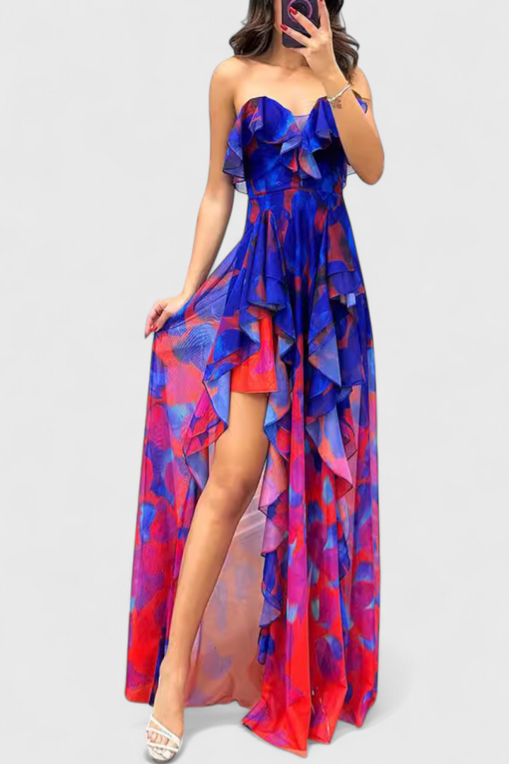 Andy Vestido Maxi Sin Mangas con Capas de Volantes y Abertura Gradiente