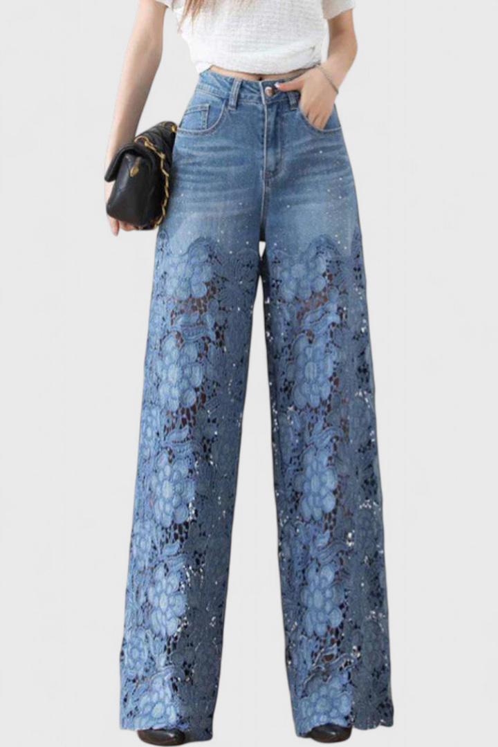 Jasiel Pantalón Palazzo de Encaje Denim con Bordado Floral