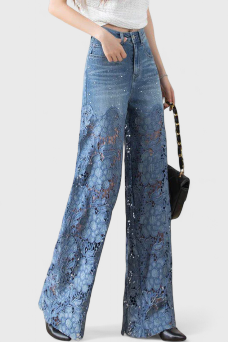 Jasiel Pantalón Palazzo de Encaje Denim con Bordado Floral
