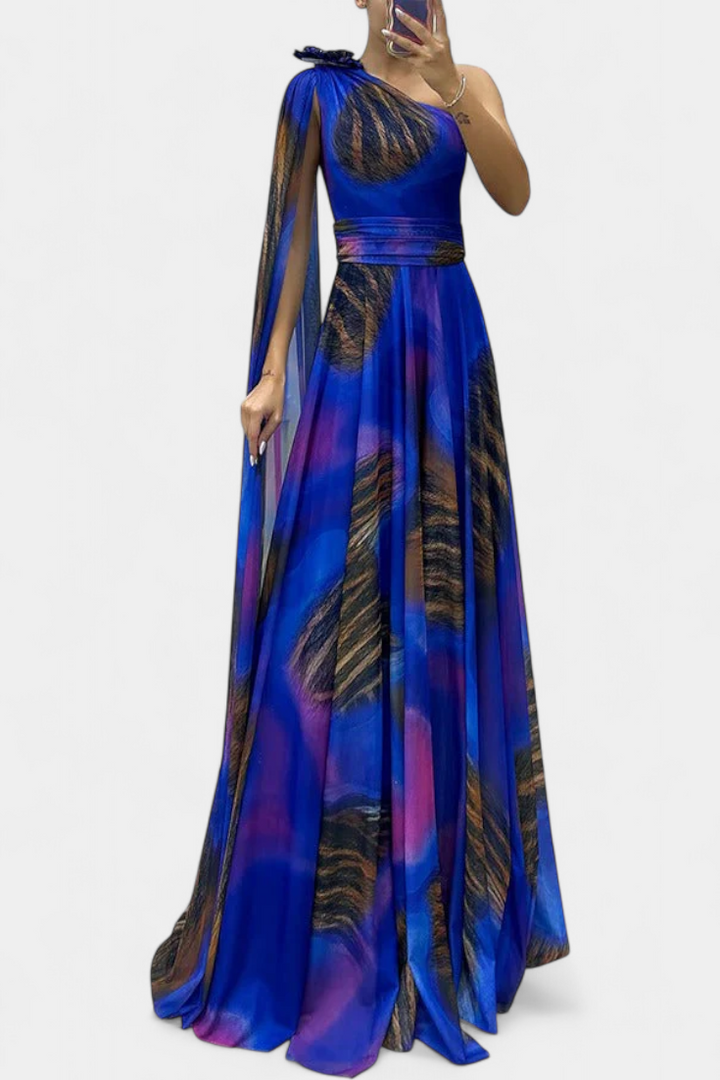 Cedara Vestido Largo de Un Hombro con Detalle Floral