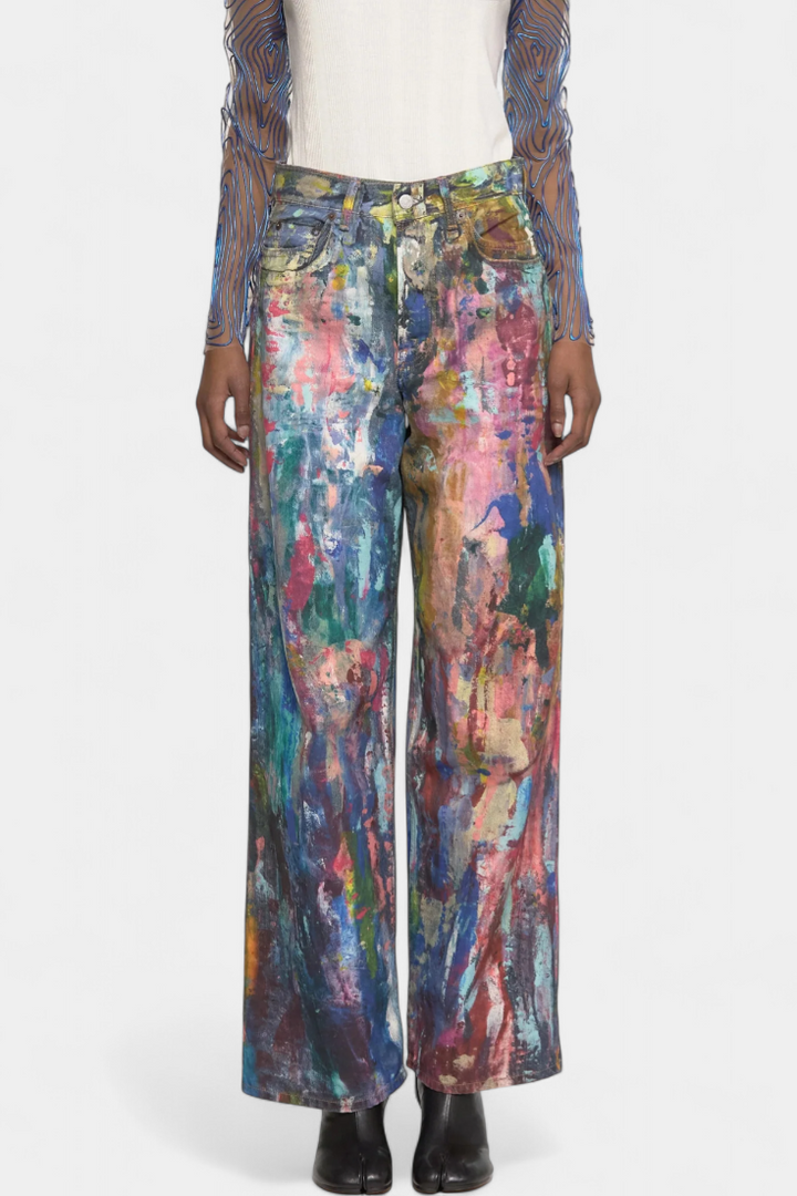 Rana Pantalones Vaqueros de Pierna Ancha con Estampado Artístico