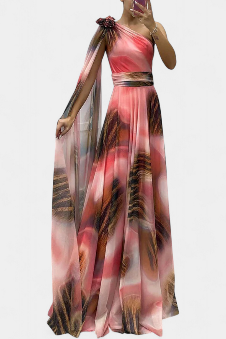 Cedara Vestido Largo de Un Hombro con Detalle Floral