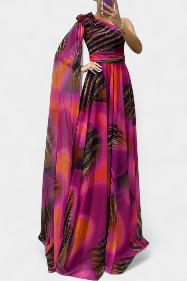 Cedara Vestido Largo de Un Hombro con Detalle Floral