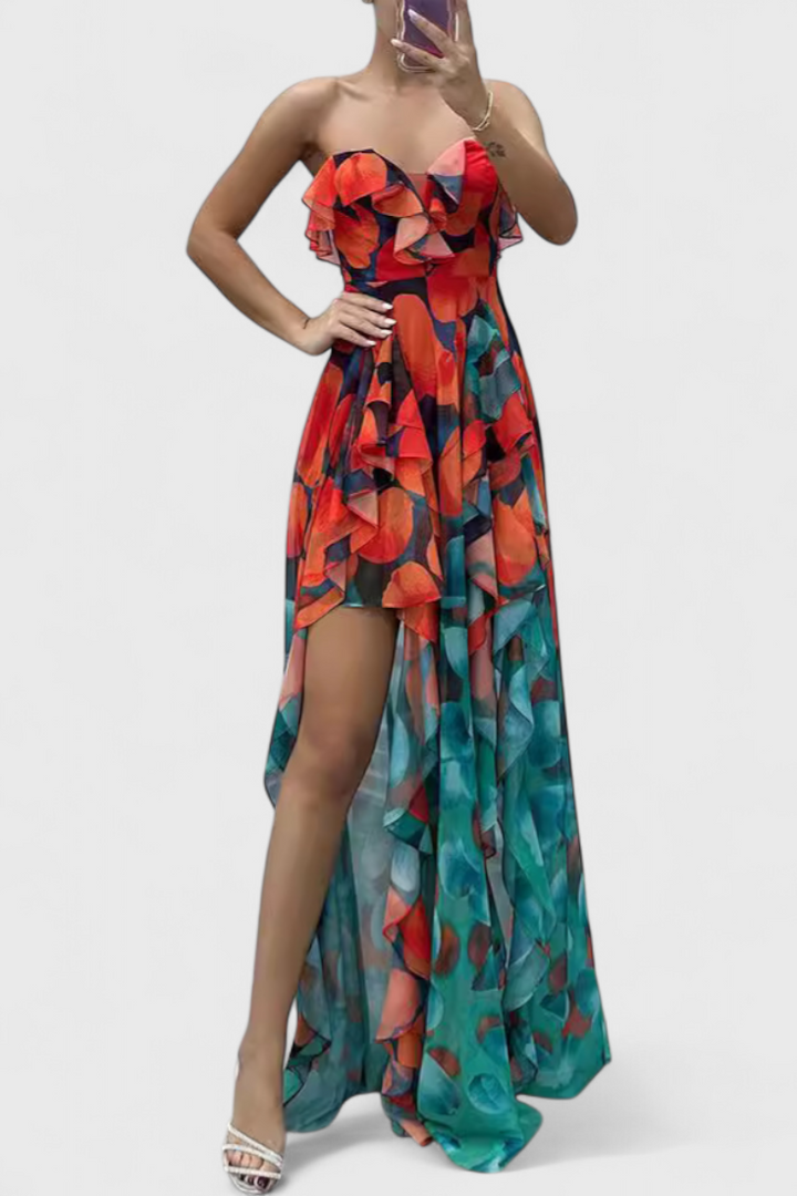 Andy Vestido Maxi Sin Mangas con Capas de Volantes y Abertura Gradiente
