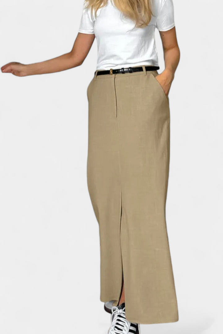 Amani Falda Larga de Cintura Alta con Abertura Frontal y Corte Recto