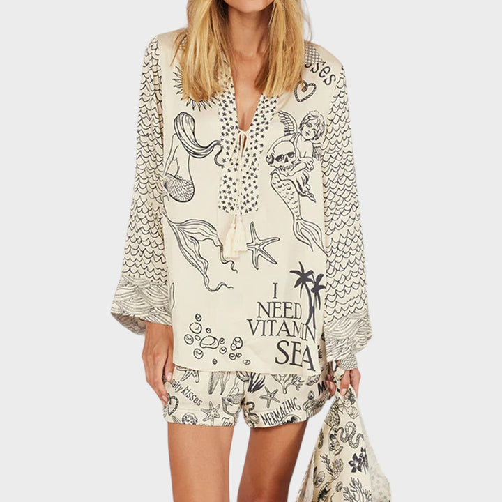 Arial | Conjunto de Camisa Y Pantalones Cortos Con Cuello En V